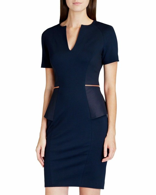 navy blue dress with rose gold shoes