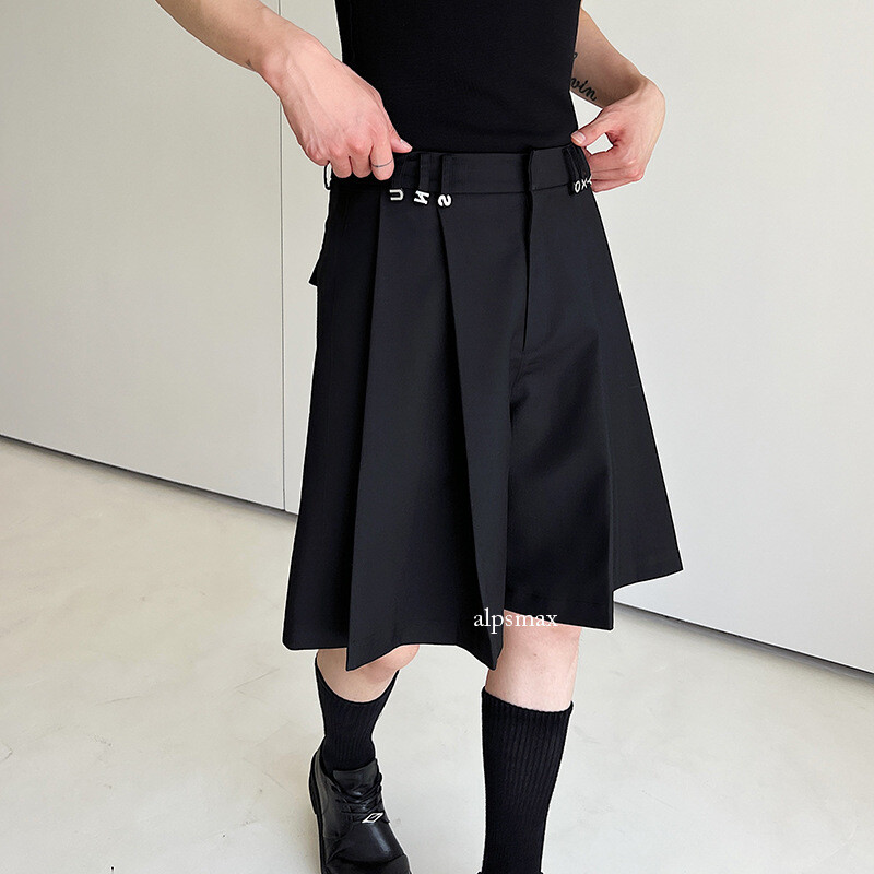 Mens Zip Up Pleated Flared Short Pants Casual Loose Suit