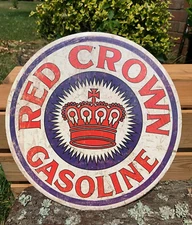 Red Crown Gasoline Round Metal Sign Tin Vintage Auto Shop Garage Standard Oil 