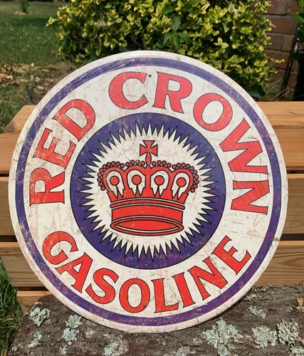 Red Crown Gasoline Round Metal Sign Tin Vintage Auto Shop Garage Standard Oil