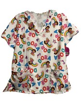 Dora the Explorer Scrub Top - Size L Nurse Uniform Rainbows Nickelodeon NWT