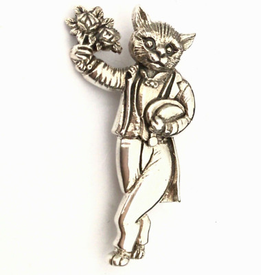Sterling Silber viktorianischer Stil Figur Zylinder Hut Katze mit Blumenstrauß Brosche