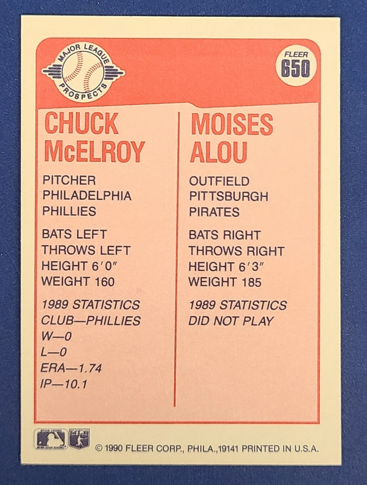 1990 Fleer #650 Chuck McElroy / Moises Alou Rookie Baseball Card x - Image 2 of 2