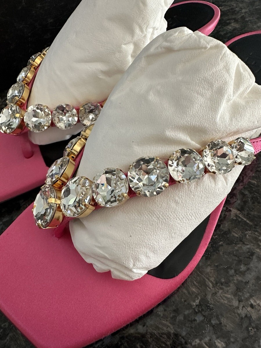 【SALE!!】VERSACE クリスタル トングサンダル 黒 フューシャ VERSACE Sandals Crystals Pink Sandal Thongs Slides Heel