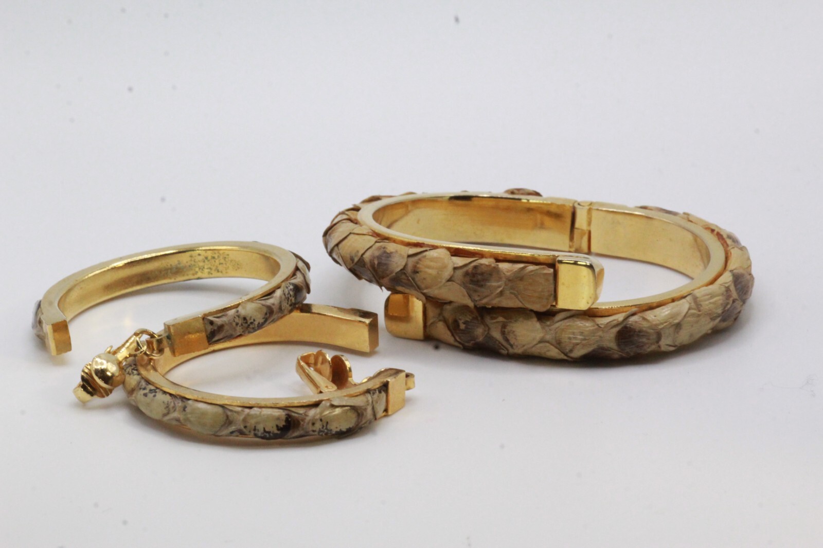 VTG Python Snake Skin Cuff Dangle Hoop Large Earr… - image 8