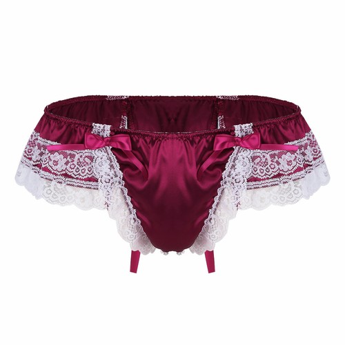 Men Low Rise Bikini Briefs Frilly Satin Floral Lace Skirted Panties Underwear - Picture 19 of 61