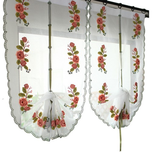 Embroidered Yarn Floral Roman Curtain Sheer Window Balloon Valance Tie Up Decor - Picture 5 of 10
