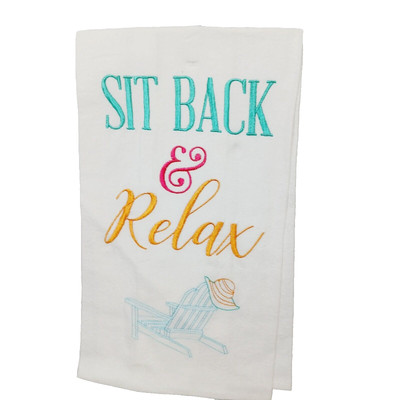 C &F Kitchen Towel Embroidery Flour Sack Sit Back Relax Beach Adirondack NEW