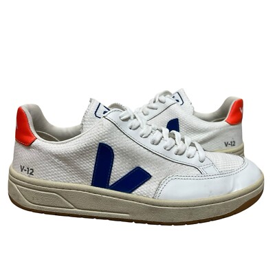 Veja V-12 Sneaker Mesh Leather in White, Indigo & Orange Fluo Women s Sz 38 US 7