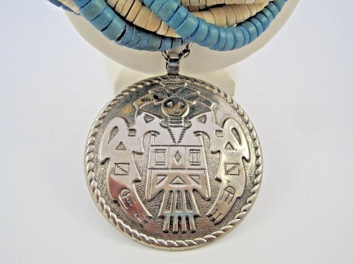 Southwest Disk 8 Strand Bead Necklace Bell Nickel Silver Chain Eagle Inlay Coral - Picture 2 of 12