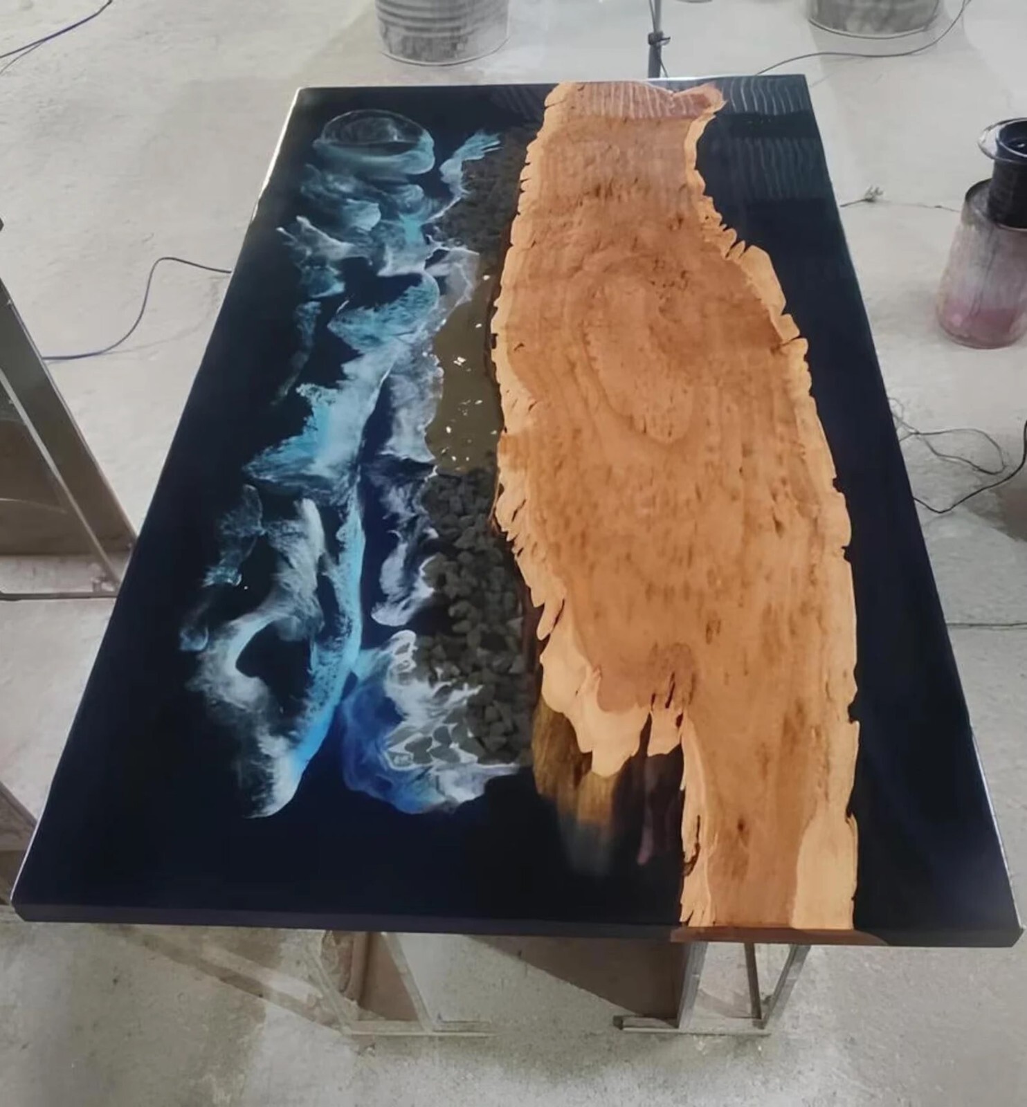 72-Inch Ocean Wave Epoxy Resin Live Edge Dining Table with Wood Hallway Countertop