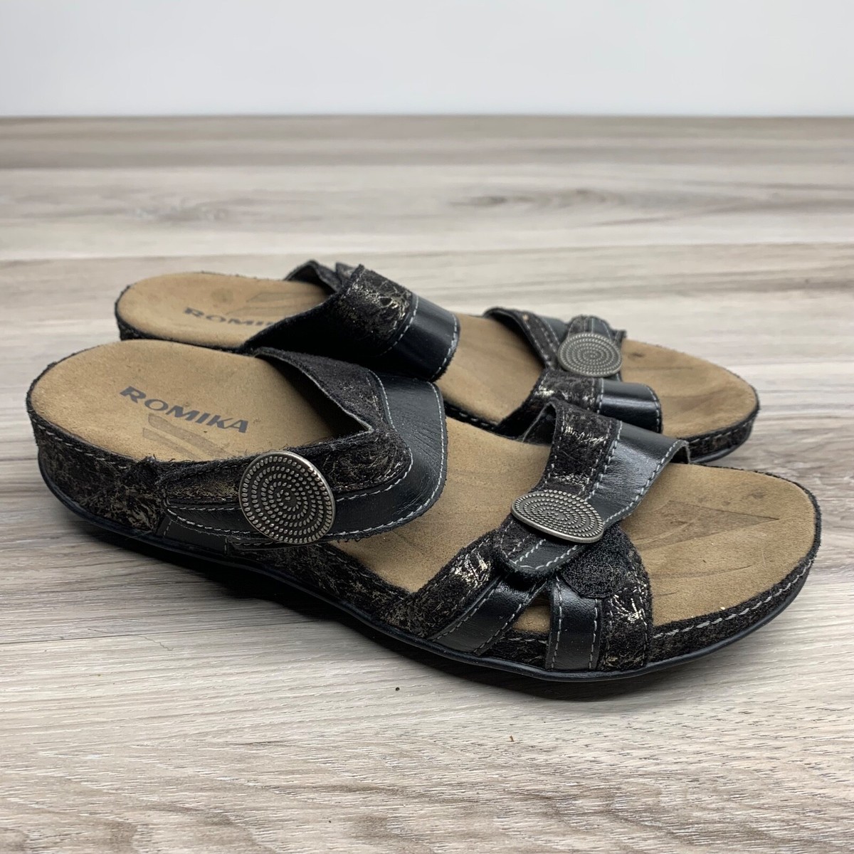 Romika Sandals EU 37 US Two Strap Black Leather Slide Slip