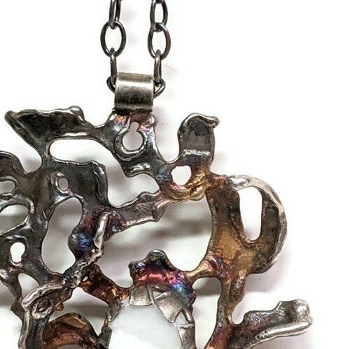 Silver Pendant Necklace White Agate Brutalist Abstract Artisan Scandinavian 830 - Picture 8 of 12