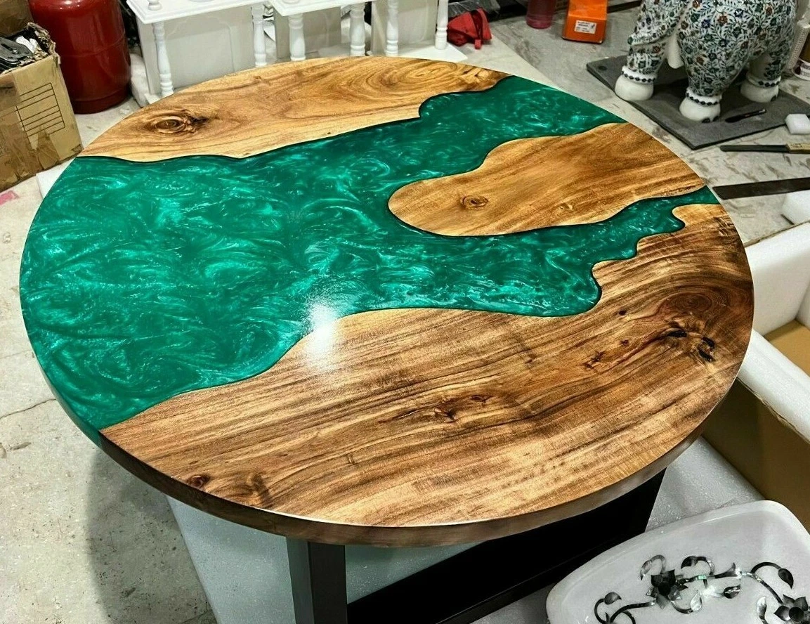 Round Green Epoxy Table Natural Wood Furniture Handcrafted Wooden Coffee Table