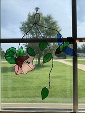 Tiffany Style Stained Glass Bird w/Flower Vines Hanging Sun Catcher