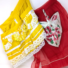 2 Vtg Half Aprons Yellow Lace Ruffle Three Pocket Zipper Red Sheer Floral