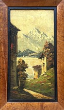 Paolo Baldi (Italian), VTG MCM Orig. Impasto Style O/C "Lakeside Village" Signed
