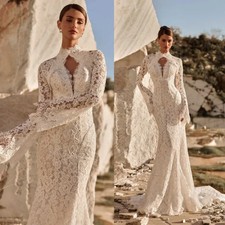 Elegant Mermaid Wedding Dresses Halter Sweep Train Lace Appliques Bridal Gowns