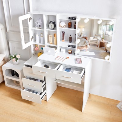 White Dressing Table Makeup Vanity Table Set With LED Lights Mirror & 6 Drawers