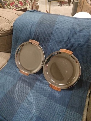VTG MCM Kromex Silver Chrome Serving Tray Platter 13'' Teakwood Handles Lot Of 2