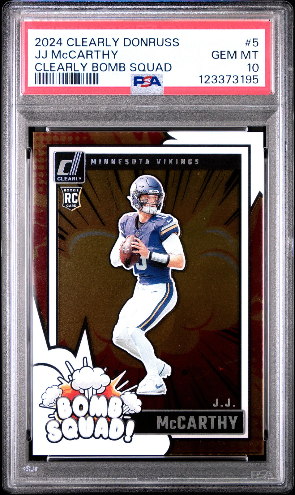 JJ Mccarthy 2024 Panini Clearly Donruss Clearly Bomb Squad #5 PSA 10