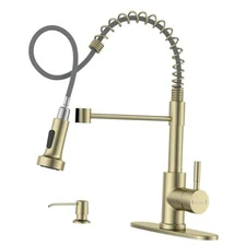  Kitchen Faucet, Brushed with Pull Down Sprayer and Soap Gold with soap