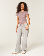 Hollister Freya Skye Ultra Low Rise Foldover Baggy Jeans Grey Wash Size 6