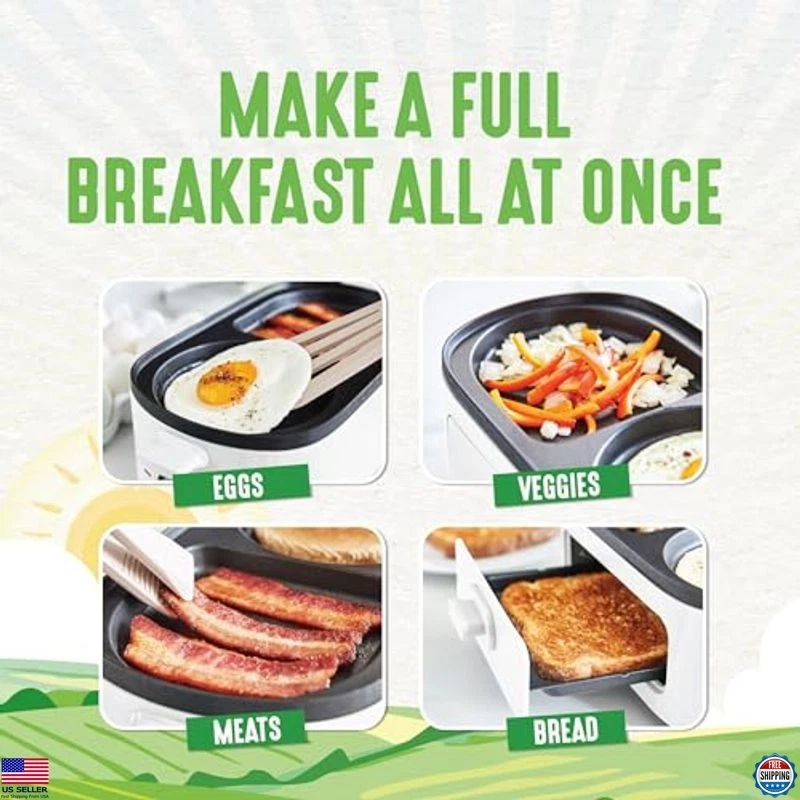 3-in-1 Breakfast Maker Station, Nonstick Griddles, Toast Drawer, Timer, White - Image 4 of 4