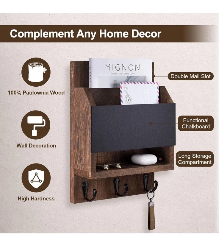Key & Mail Holder for Wall, With Chalkboard, Storage Box, 3 Sturdy Hooks (Brown) - Image 2 of 4