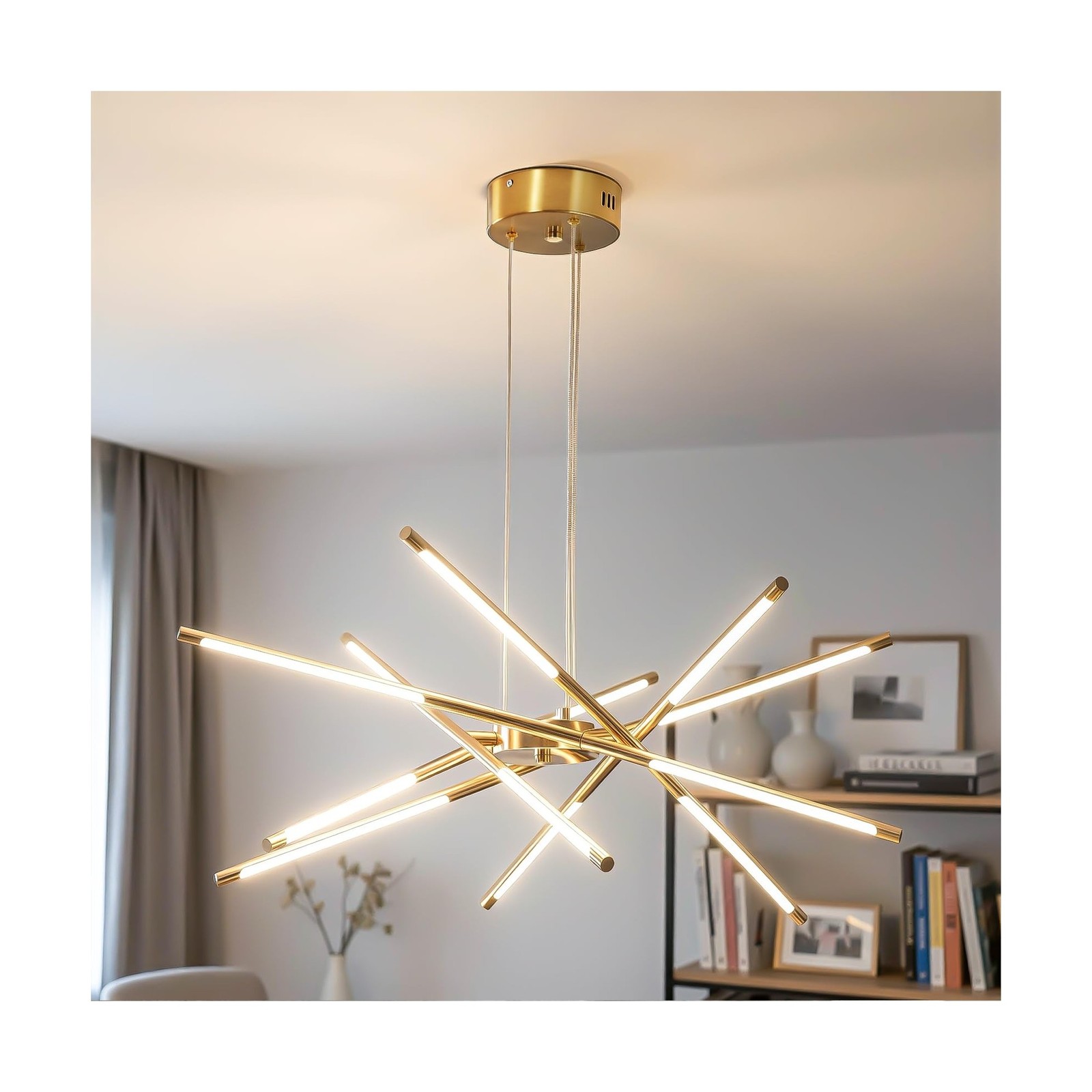Modern Gold Chandelier, 12-Light LED Linear Pendant Light Fixture, Dimmable G...