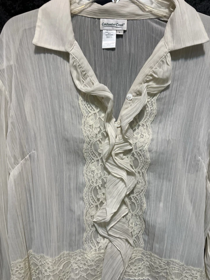 Coldwater Creek Crinkle Lace Blouse Size L Sheer Elegant Career Button NWOT - Image 2 of 4