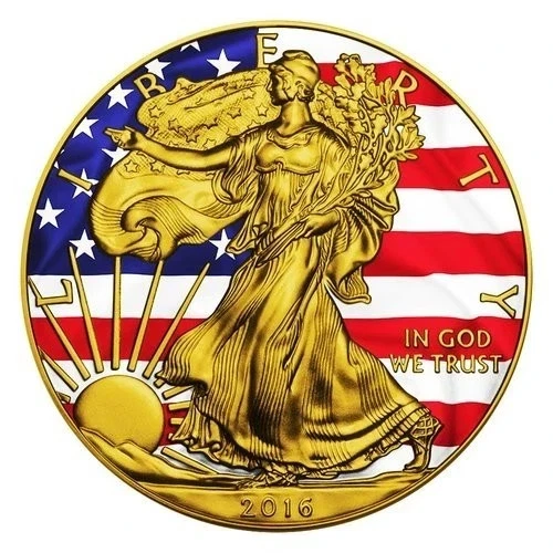 2016 1 Oz Silver PATRIOTIC LIBERTY FLAG Eagle Coin, 24K Gold Gilded
