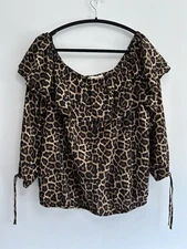 Michael Kors Womens Cheetah Print Ruffle Off the Shoulder Blouse Size OX Brown
