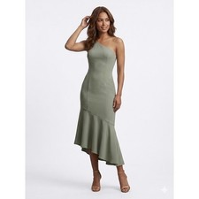 BHLDN Women Size 2 One Shoulder Midi Dress Sage Green Asymmetrical Flounce