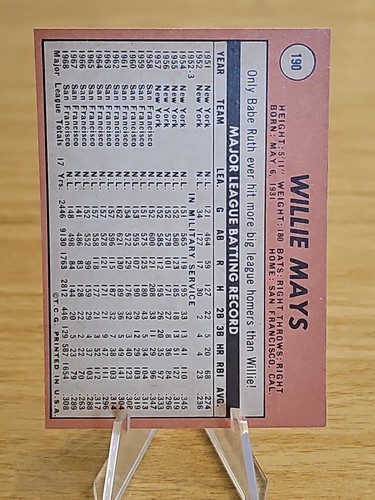 Vintage 1969 Topps Baseball Cards #190 Willie Mays HOF San Francisco Giants EX - Picture 6 of 10