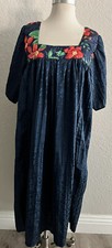Vtg Nicole Stevens one Size Navy Crinkle Muumuu Dress square neck Kaftan Dress