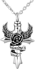 In Loving Memory Cross Angel Wings Urn Necklace for Ashes Dad Memorial Keepsake