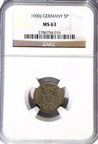 1906 J Germany 5 Pfennig, NGC MS 63, KM-11, Krause Catalog $150 