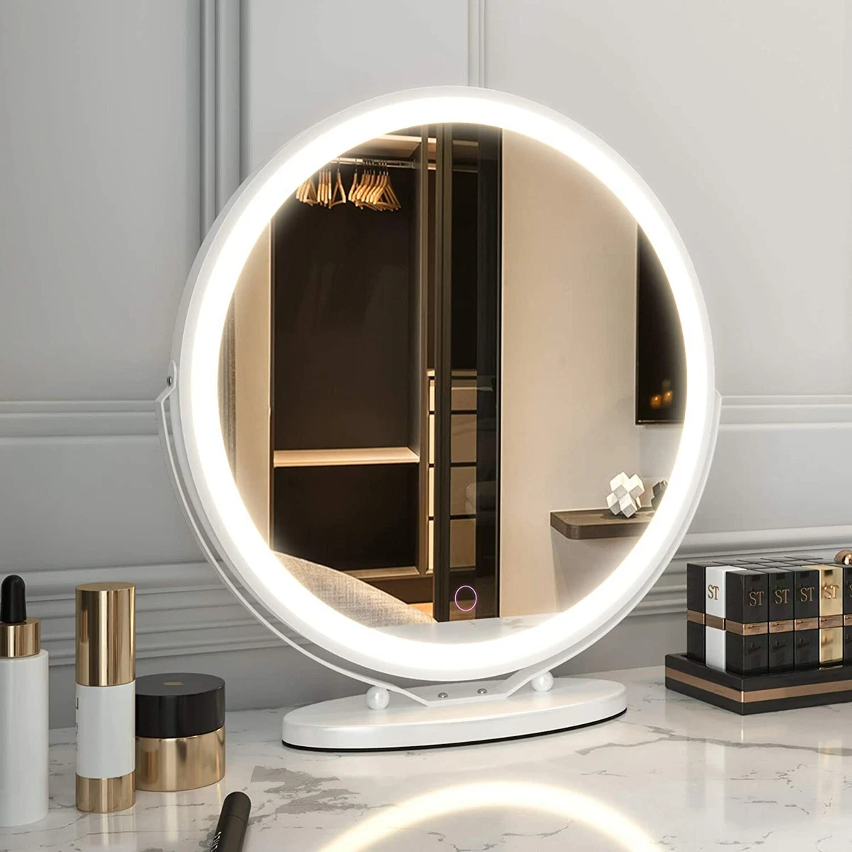 Large Round Vanity Makeup Desk Mirror, 3 Color Lighting Adjustable LED  Mirror