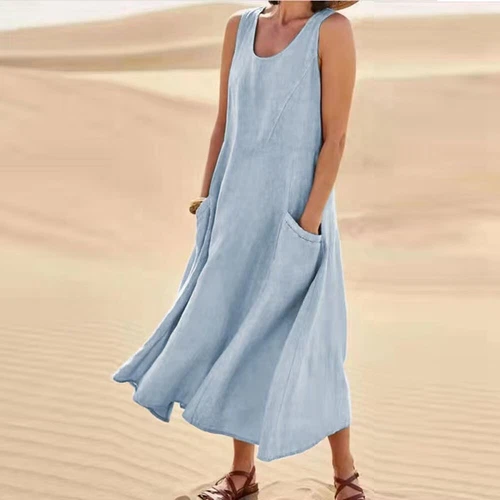 Damen Leinen Ärmellos Maxikleid Damen Tank Taschen Sommer Sommerkleid⭐ - Bild 9 von 26