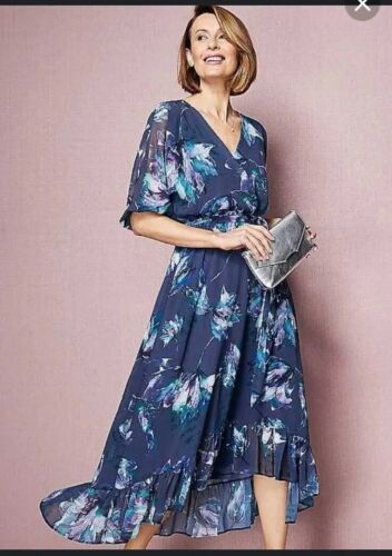 Navy floral print v-neck 3/4 sleeve ruffle wrap summer midi-dress Kaleidoscope  - Picture 1 of 2