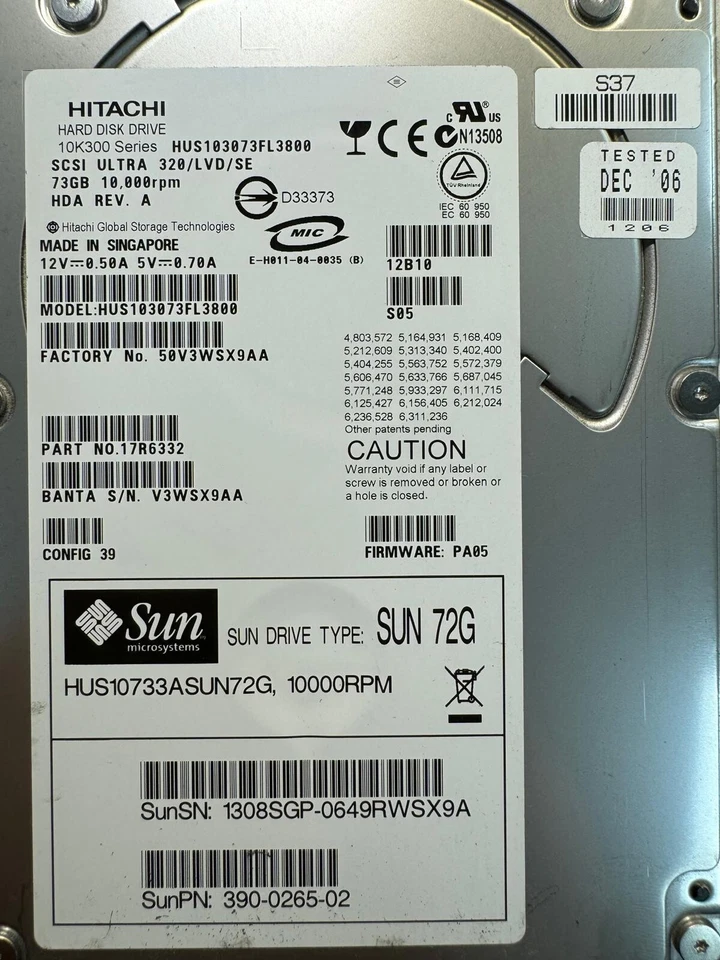 SUN 390-0265-02 540-6599-01 HUS10733ASUN72G 72GB 10K RPM Ultra-320 SCSI/LVD/SE - Image 3 of 4