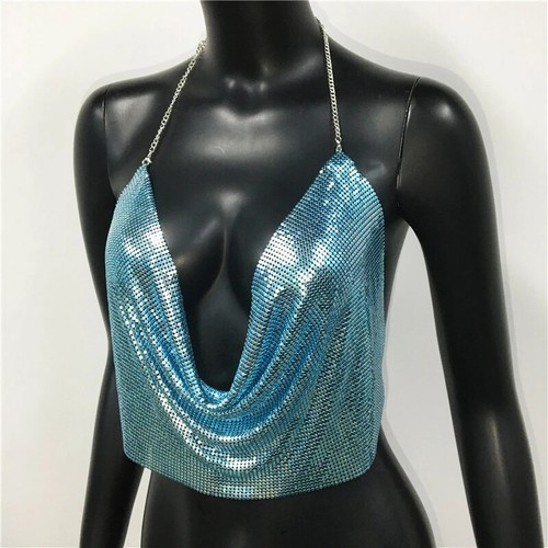 Metall Pailletten Neckholder Damen sexy V-Ausschnitt rückenlose Kette Tauchtank Weste kurzes Oberteil - Bild 24 von 27