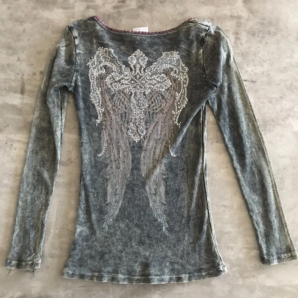 VTG Y2K Vocal Top Small Medium Cyber Grunge Biker Cross Wings Goth Fleur De Lis - Image 2 of 4