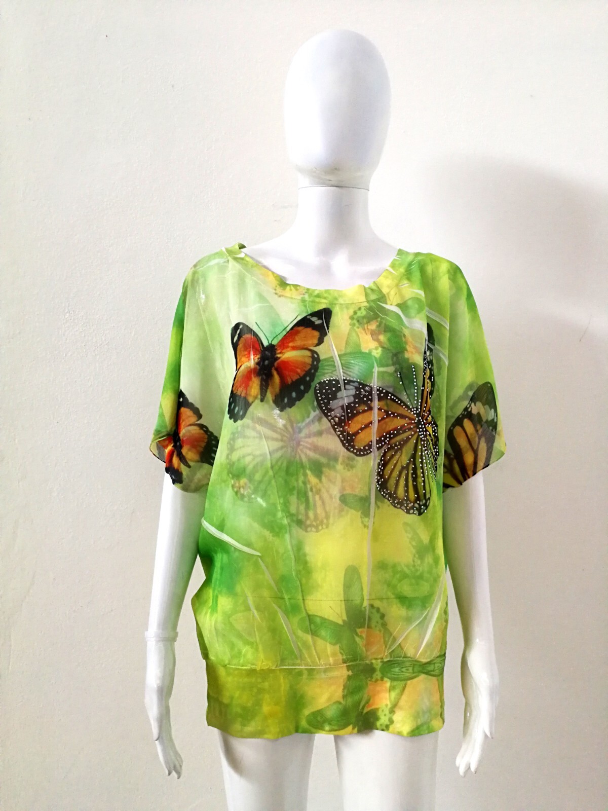 Green Blouse Short Sleeve Top Crop Graphic Print Pattern Butterfly Haute Couture