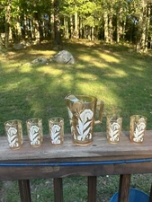 Vintage Jeanette Marigold Carnival Glass Iridescent Pitcher W/ 6 Juice Glasses