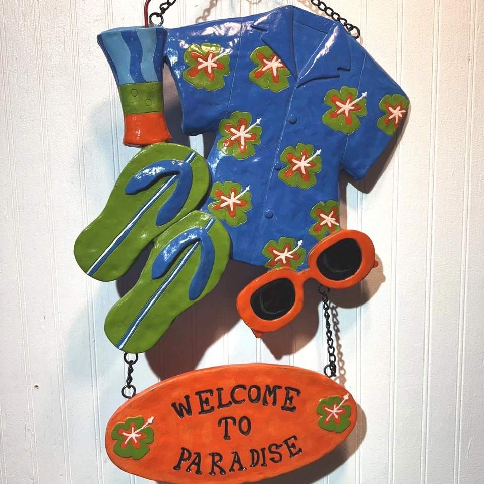 ** РЕДКАЯ ** Sun Seekers тропическая рубашка шлепанцы абажуры напиток стены вися 13 «x 20» - Изображение 2 из 4