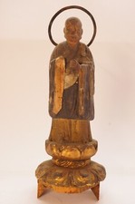 Antique Monk Staue Japanese Wooden Figurine with Halo in Cottage 0128C5
