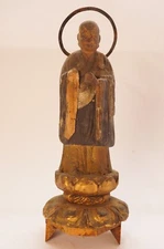 Antique Monk Staue Japanese Wooden Figurine with Halo in Cottage 0128C5