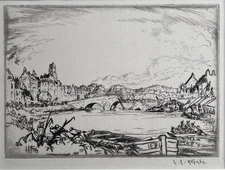 Lester George Hornby (American 1882-1956) Chateau Thierry 1918 Signed Etching